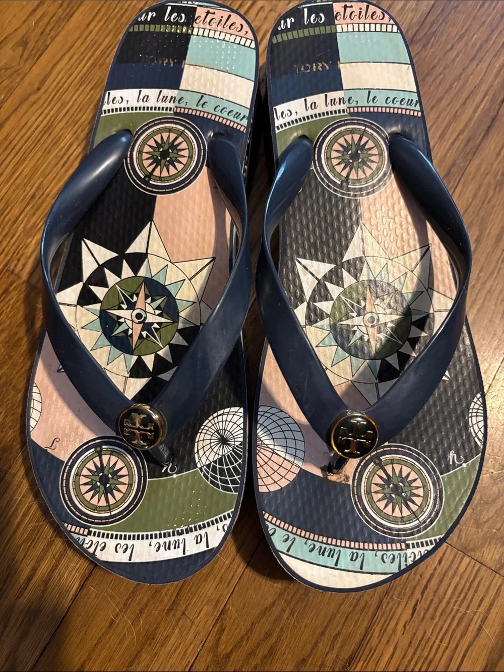 Tory Burch Navy wedge Flip Flops with Multicolor Compass Print size 8